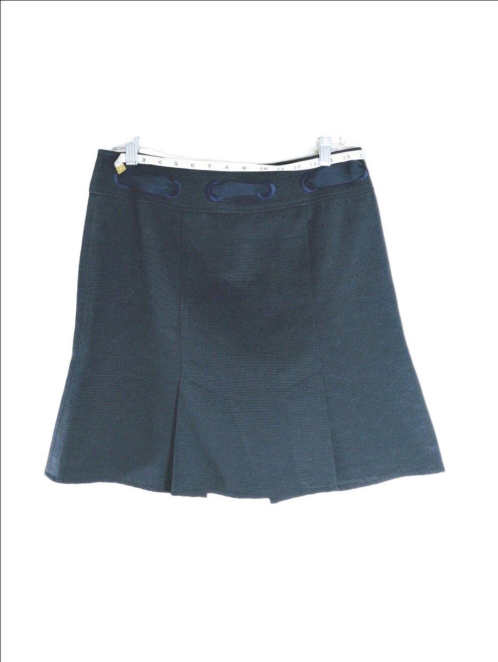 Nanette Lepore Textured Navy A-Line Pleated Skirt With Ribbon and Grommet Waist